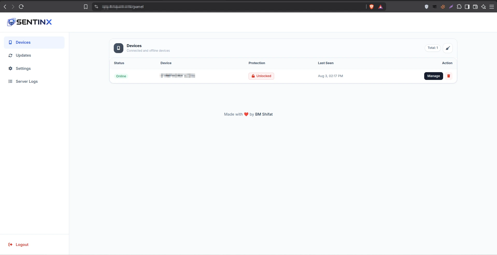 Sentinx parental control dashboard screenshot 1