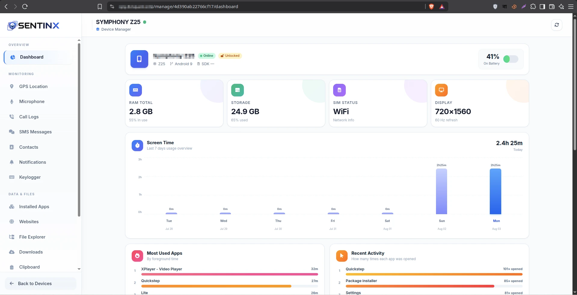 Sentinx parental control dashboard screenshot 2
